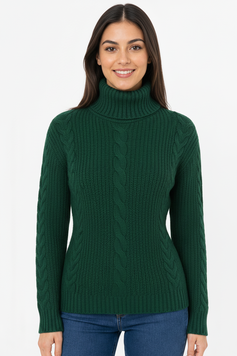 Woman wearing a Green ble knit turtleneck sweater on a white background