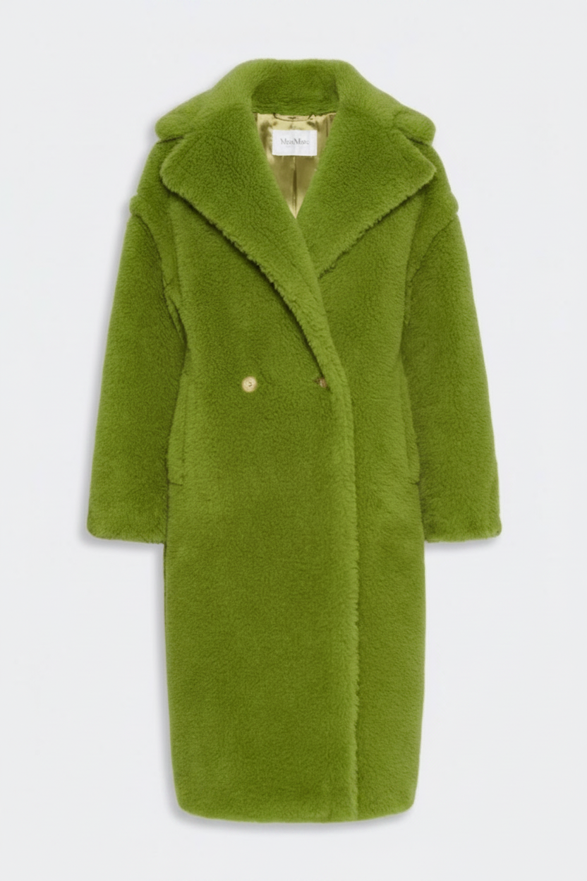 Green coat with a fur collar on a white background