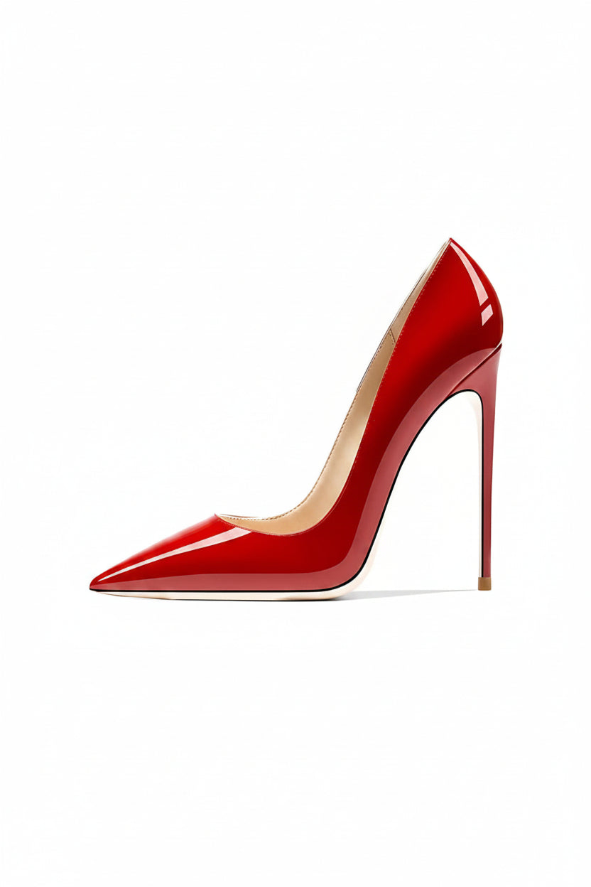 A single red pointed stiletto heel shoe with a glossy finish on a white background.