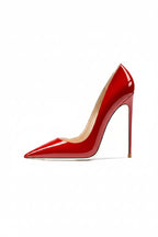 A single red pointed stiletto heel shoe with a glossy finish on a white background.