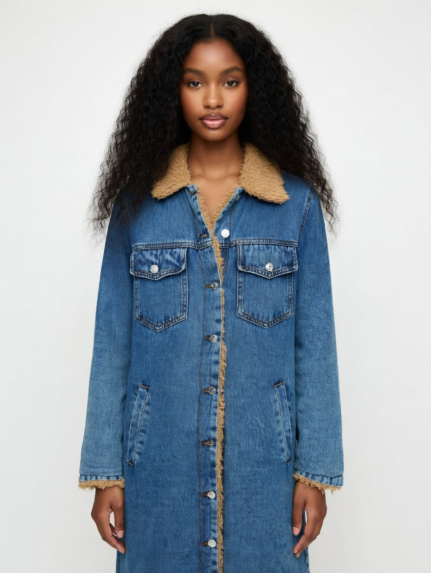Woman wearing a long denim coat with beige lining on a white background