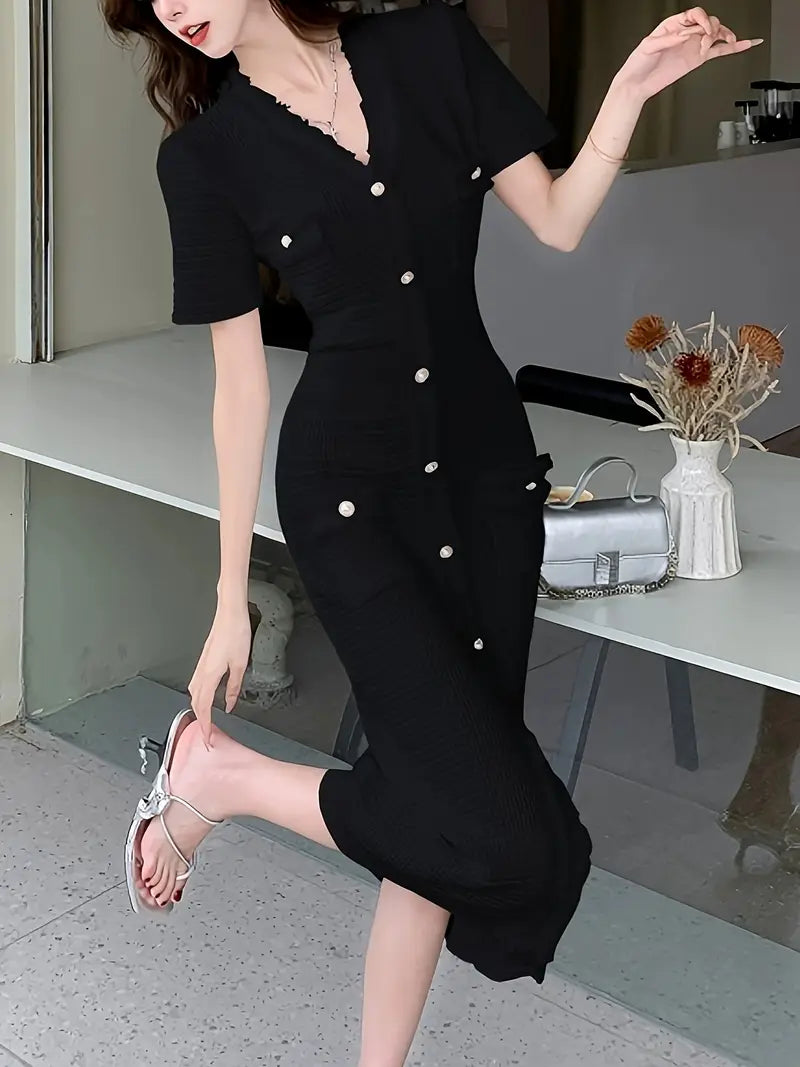 Knit V-Neck Button Short Sleeve Dress