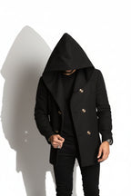 Black hooded coat with gold buttons on a white background