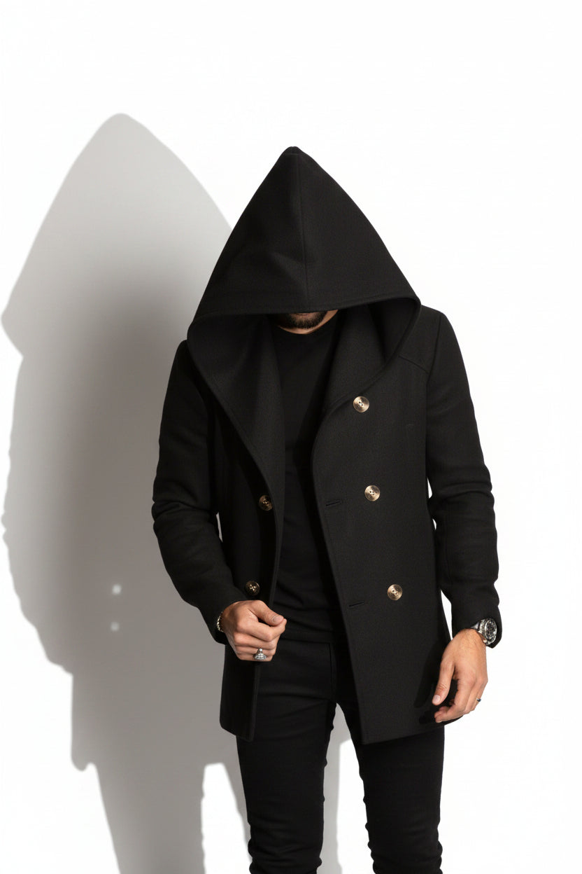 Black hooded coat with gold buttons on a white background