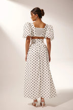 Polka Dot High Waist Slit Top And Pants Two-Piece Set