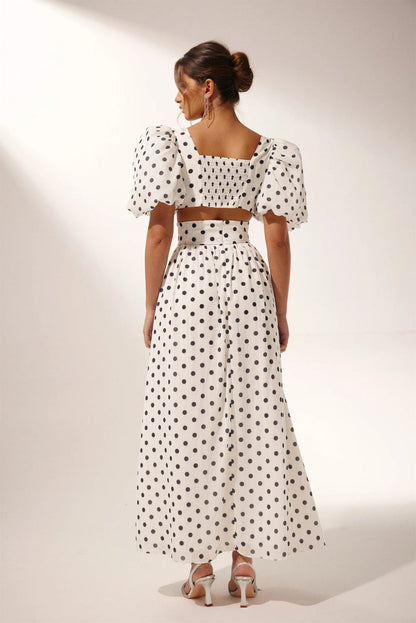 Polka Dot High Waist Slit Top And Pants Two-Piece Set