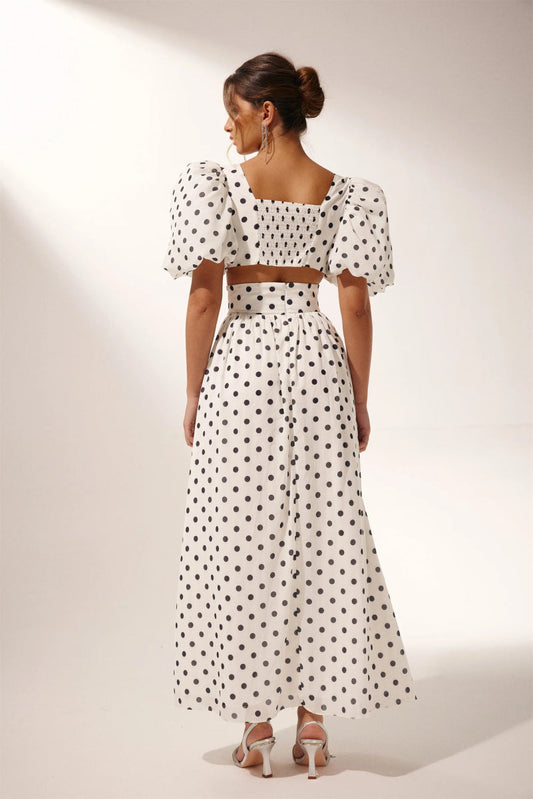 Polka Dot High Waist Slit Top And Pants Two-Piece Set