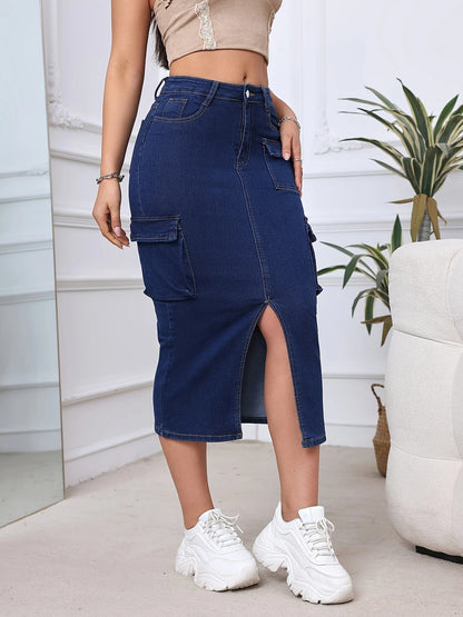 High-Waisted Midi Denim Skirt