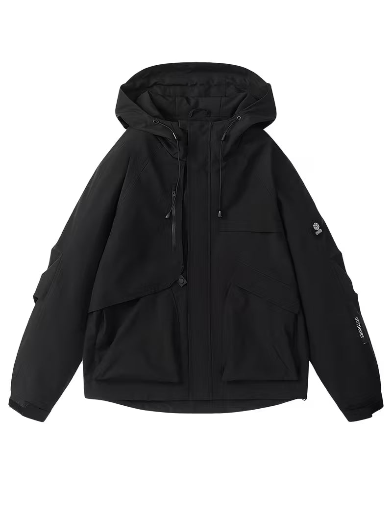 Black jacket with a hood on a white background