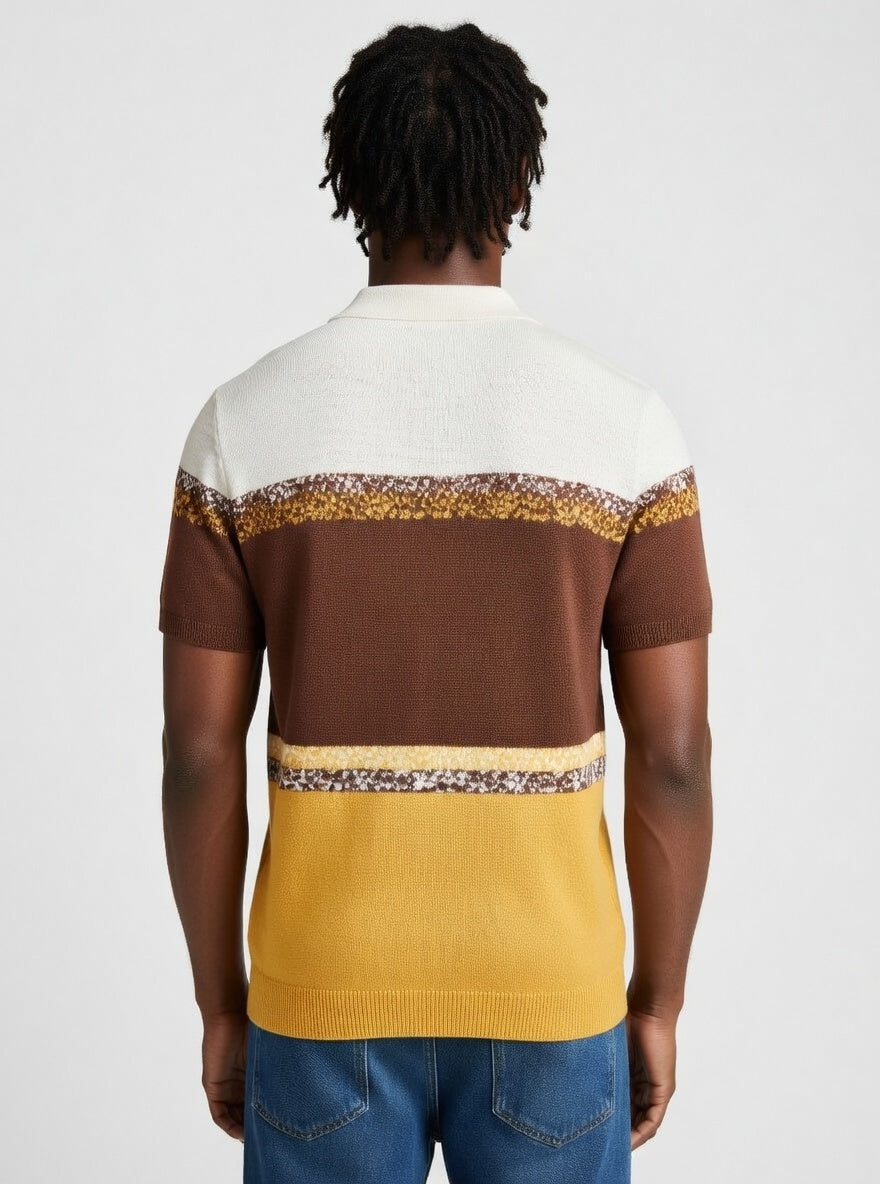 Person wearing a brown and yellow striped sweater on a white background