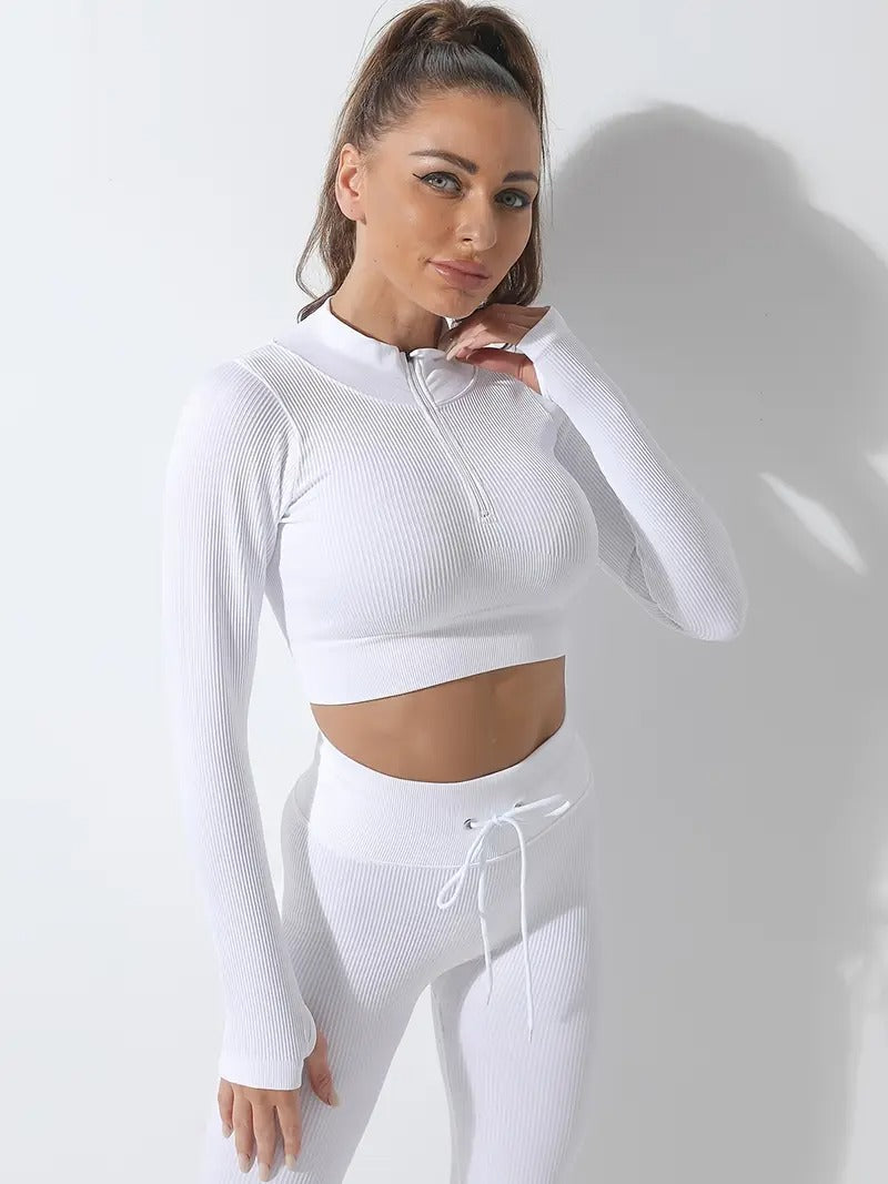 Zipper Half Placket Rib-knit Set