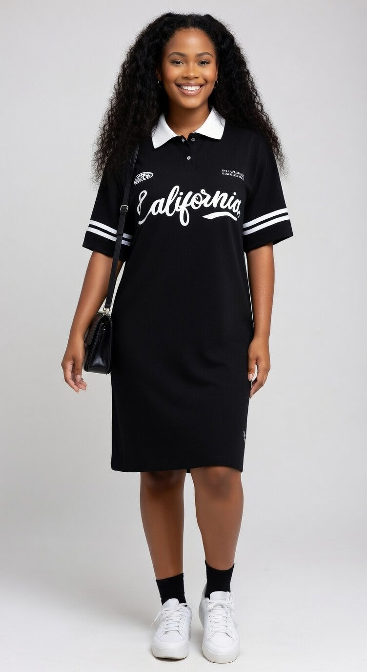 Woman wearing a black 'California' dress with white accents on a plain background