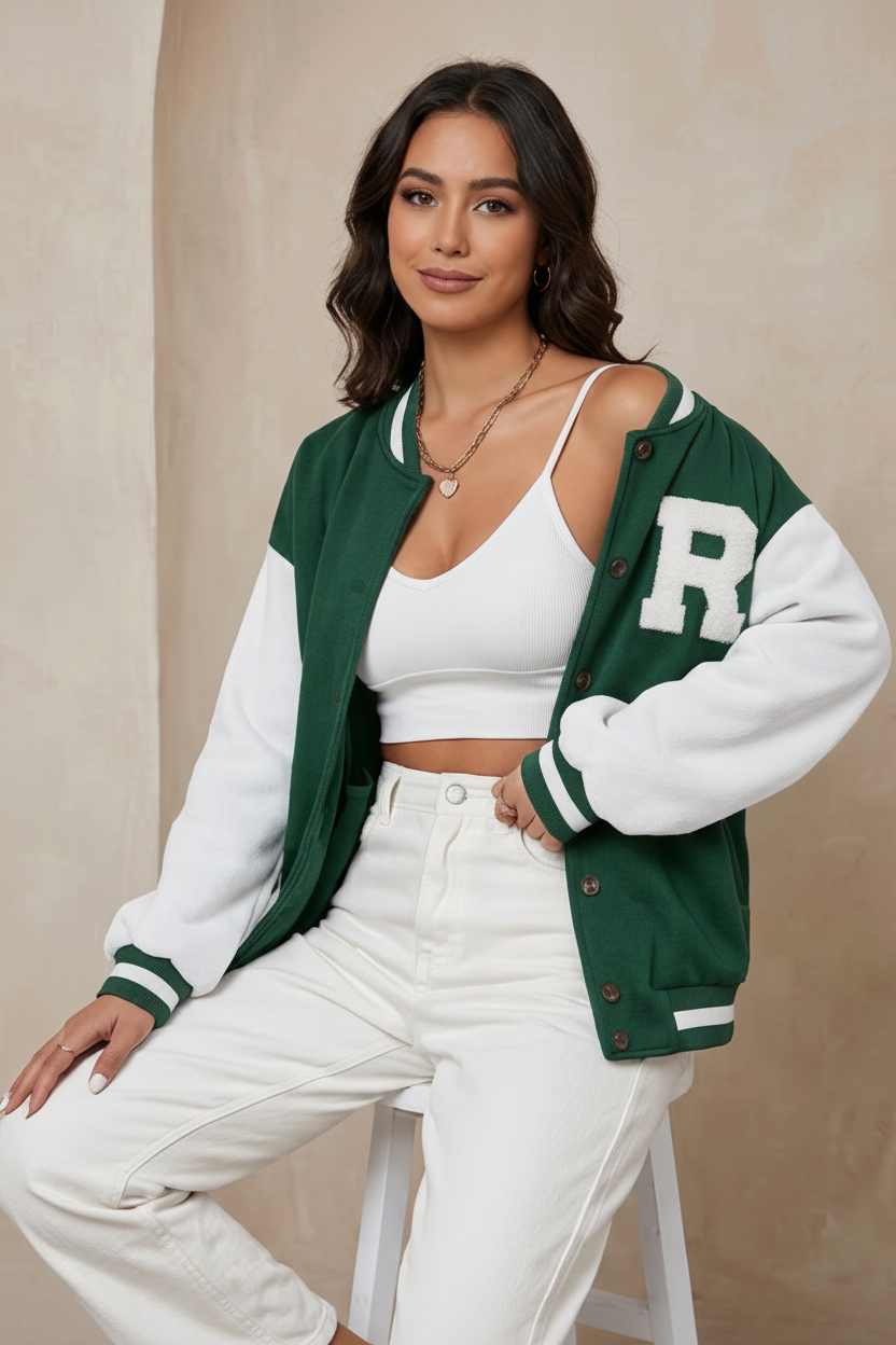Woman wearing a green and white varsity jacket with 'R' on a beige background