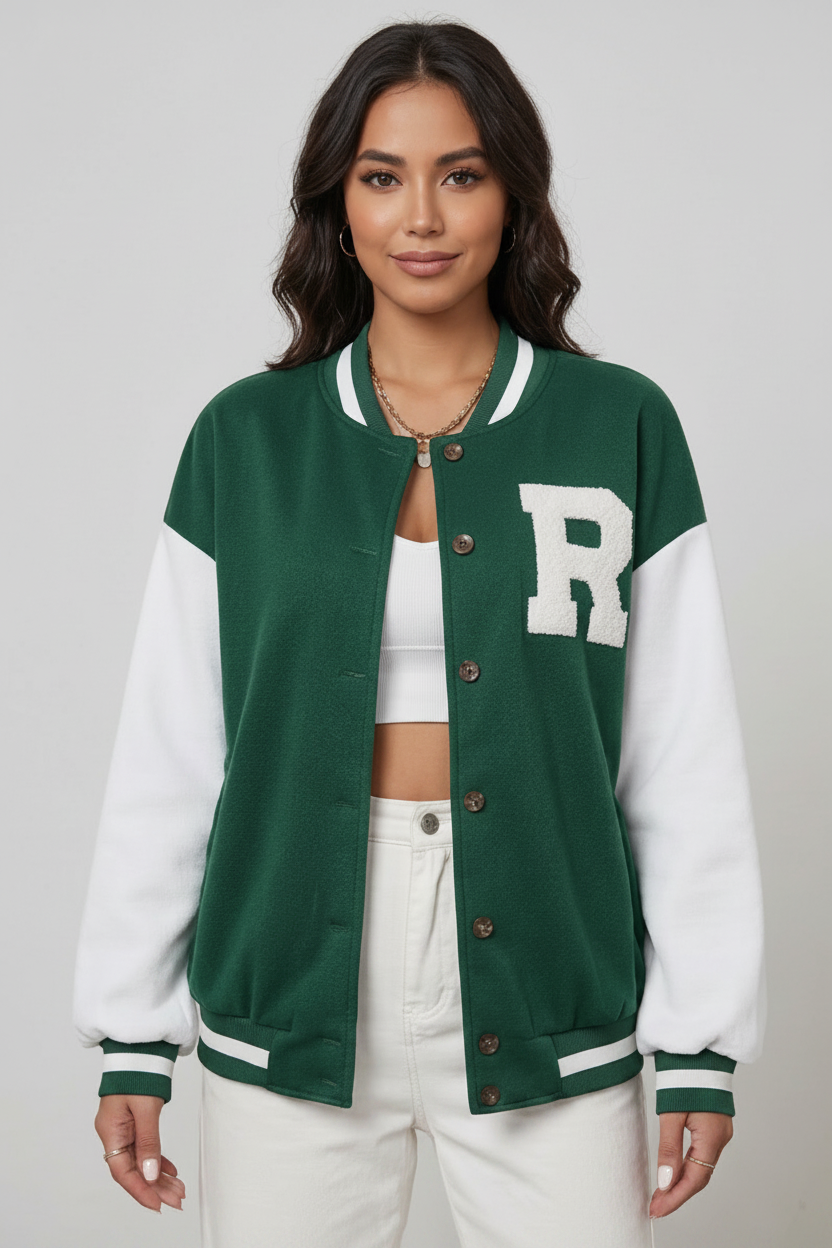 Woman wearing a green and white varsity jacket with a letter 'R' on a plain background