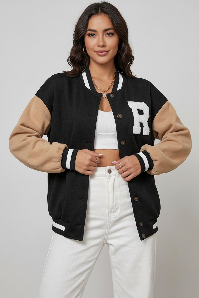 Woman wearing a black and beige varsity jacket with 'R' on a plain background