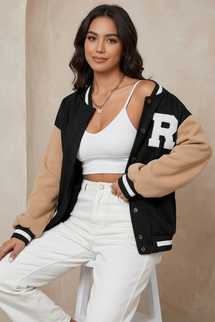 Woman wearing a black and beige varsity jacket with 'R' on a beige background