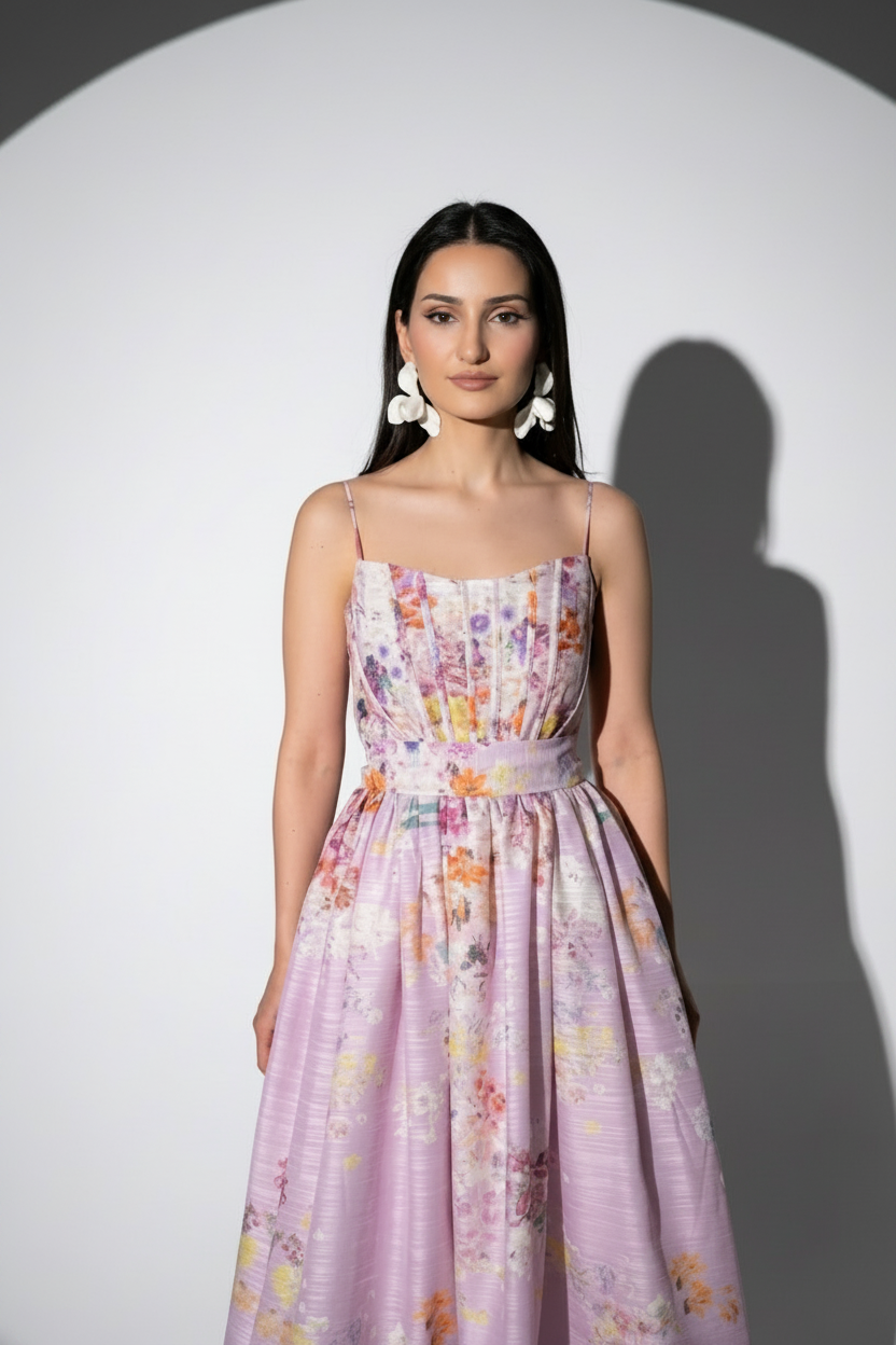 Woman wearing a floral dress against a white background