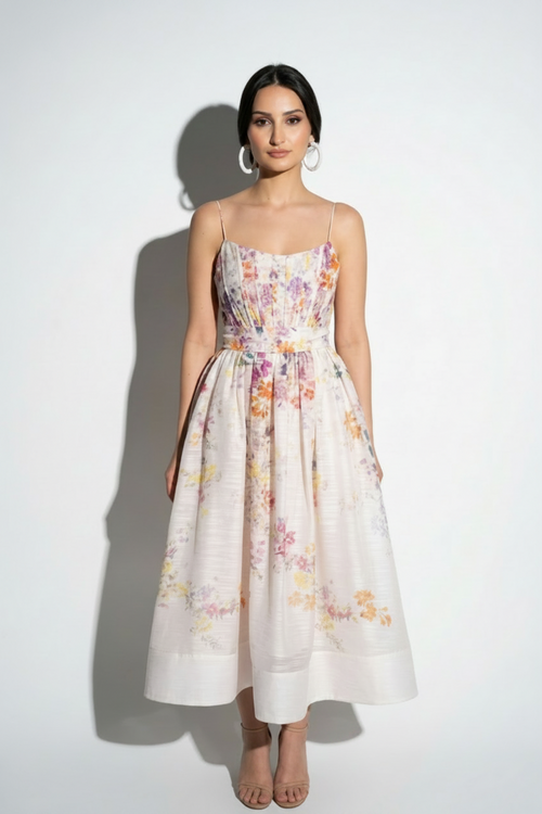 Woman wearing a floral dress against a white background