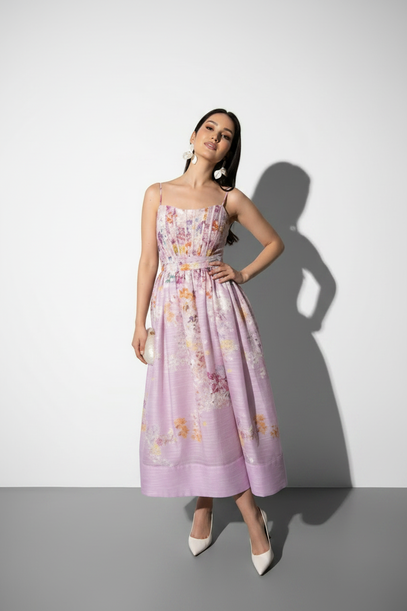 Woman wearing a floral dress against a white background