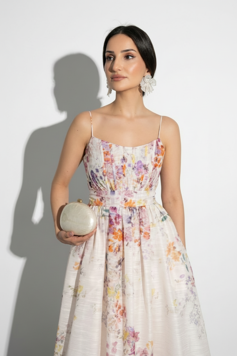 Woman in a floral dress holding a clutch against a white background