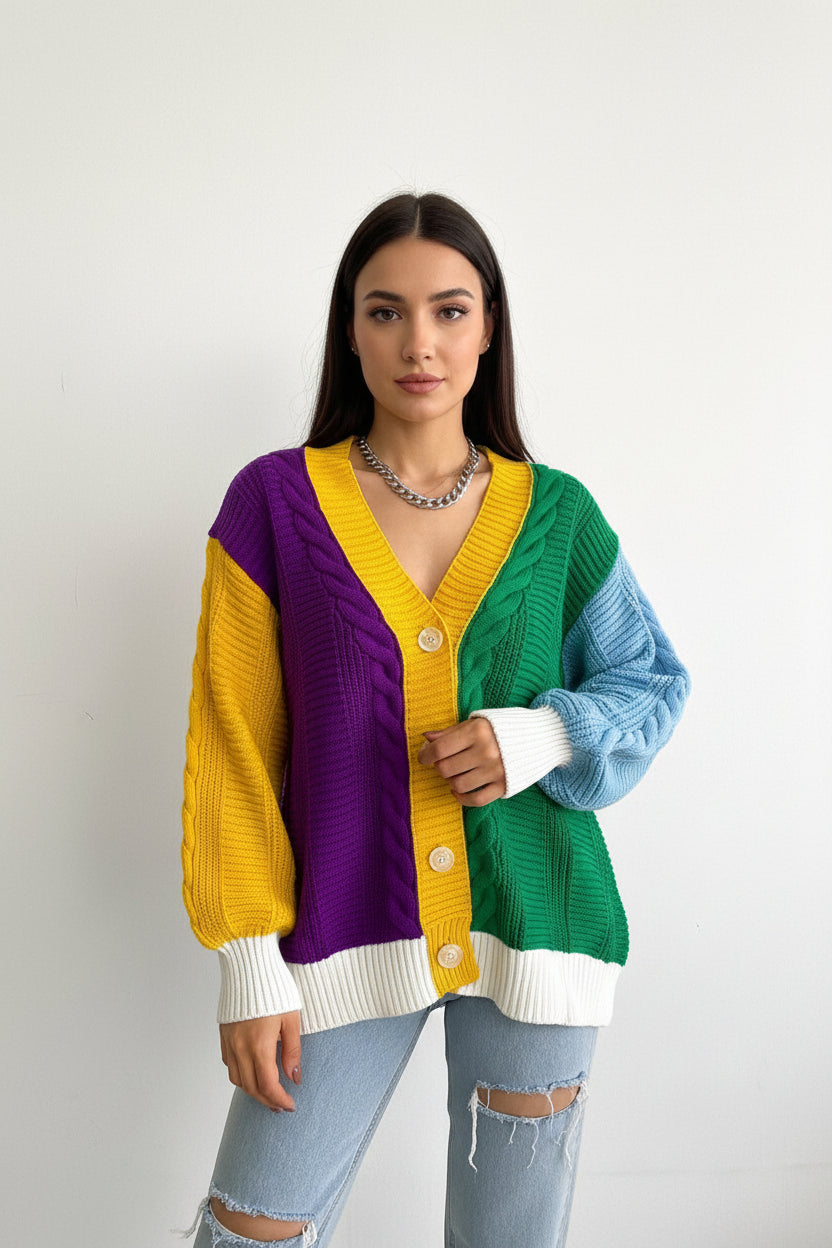 Person wearing a colorful cardigan with a white background