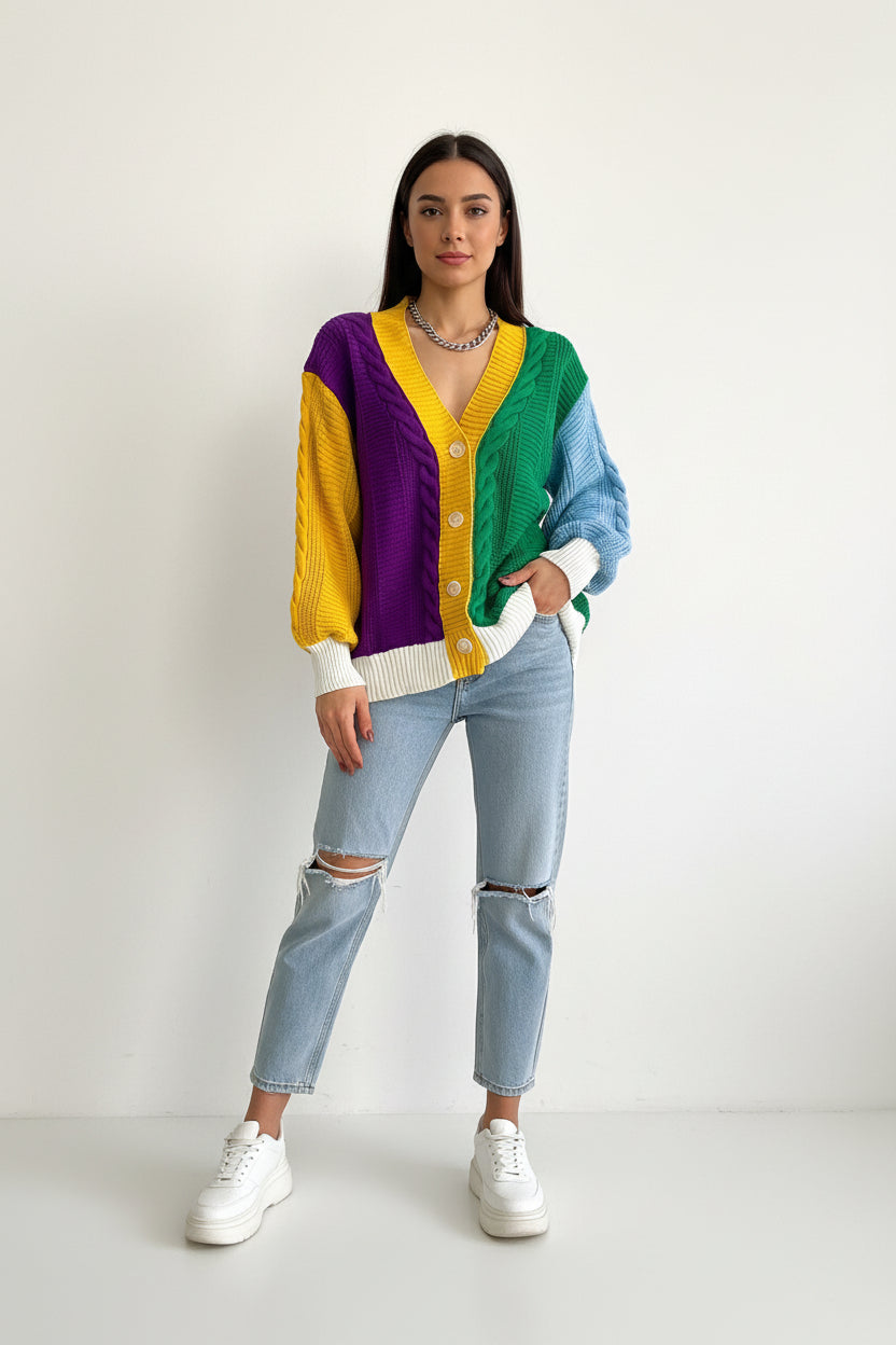 Multicolored cardigan with a person wearing it against a white background