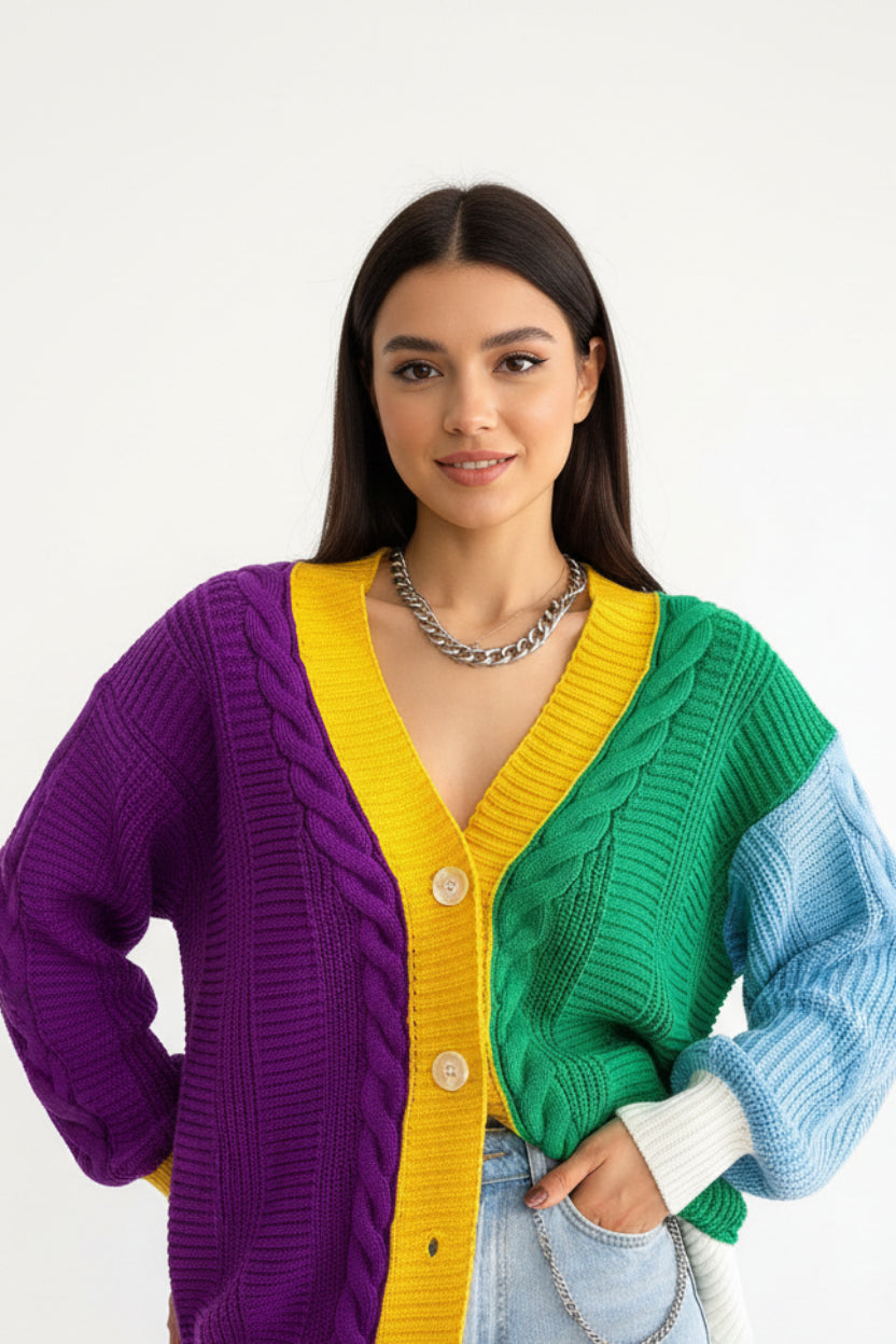 Colorful cardigan with purple, yellow, and green sections worn by a person.