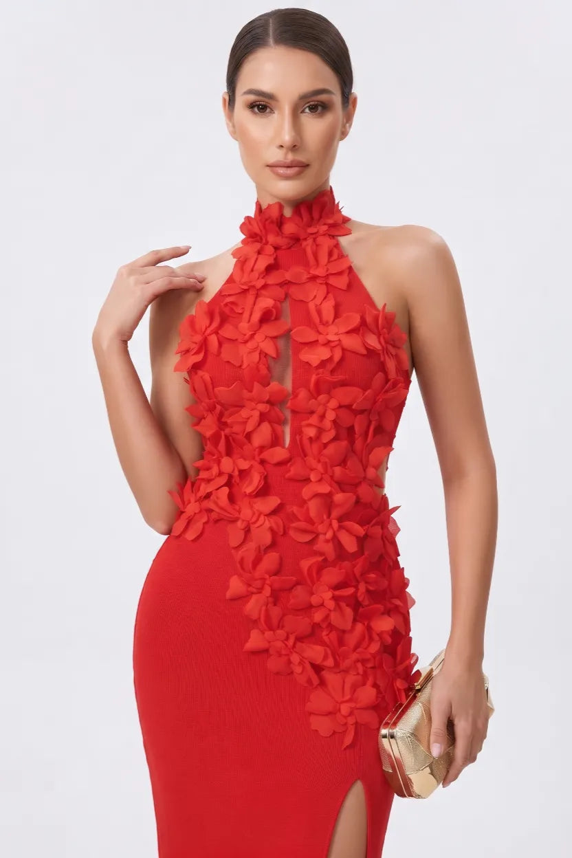 woman wearing a red evening gown.
