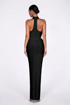 woman wearing a black evening gown.