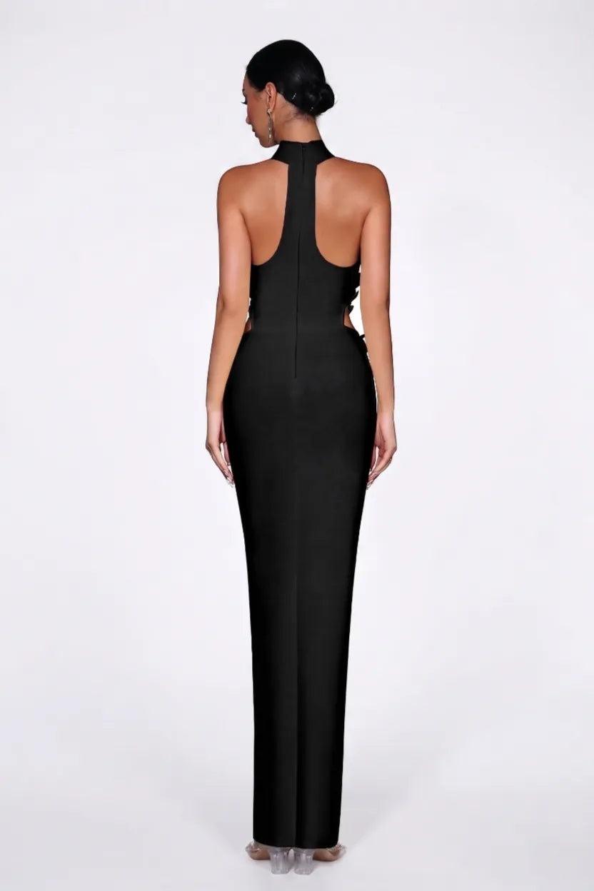 woman wearing a black evening gown.