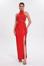 woman wearing a red evening gown.