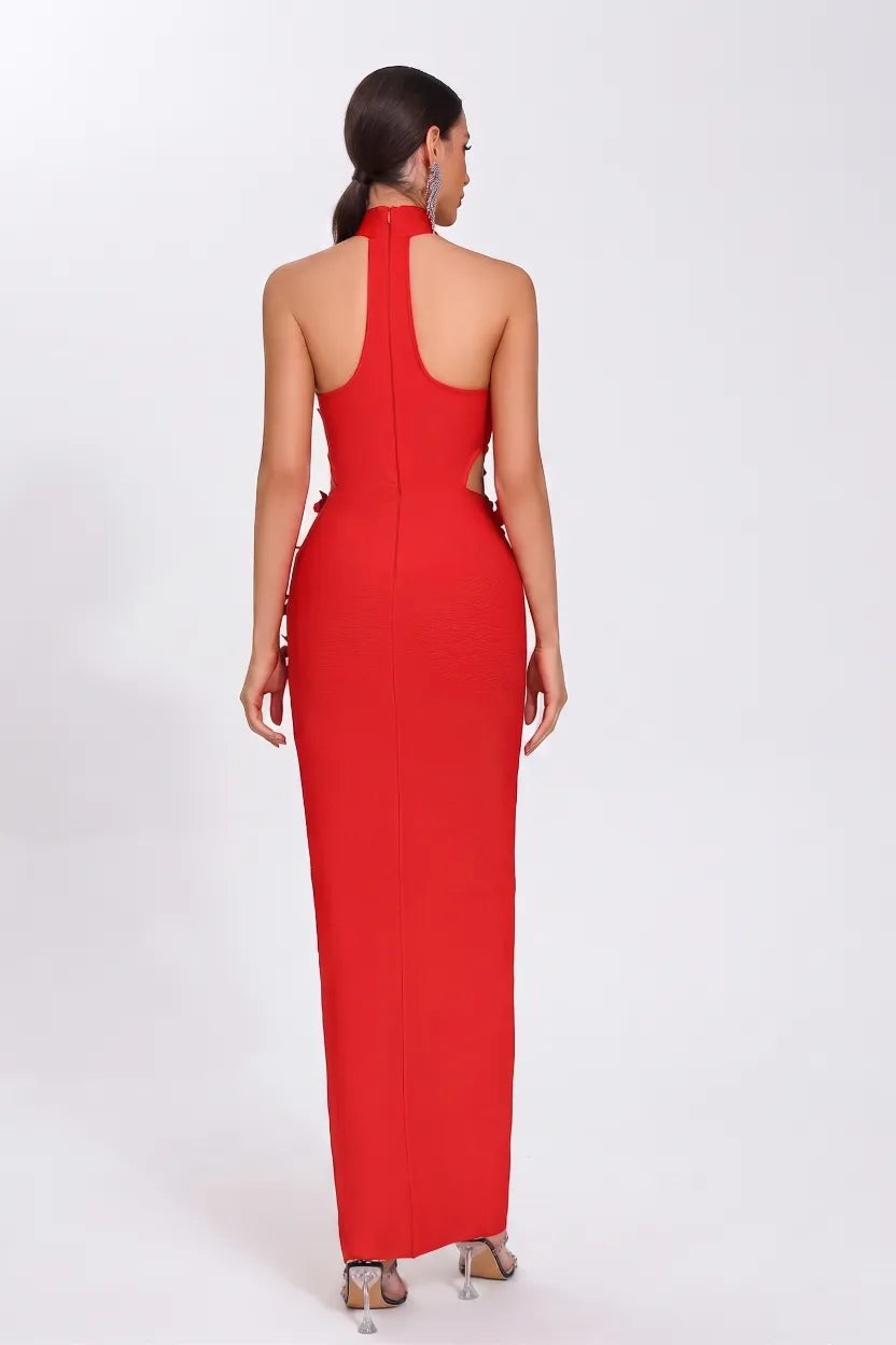 woman wearing a red evening gown.