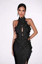 woman wearing a black evening gown.