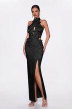 woman wearing a black evening gown.