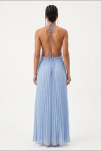 A woman viewed from the back wearing a light blue pleated maxi dress with an open back and tie detail at the neck, photographed against a plain white studio background.
