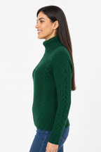 Woman wearing a Green ble knit turtleneck sweater on a white background