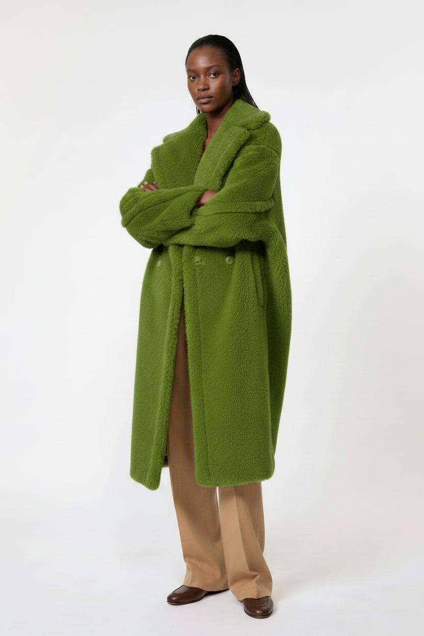 Person wearing a green coat with a white background