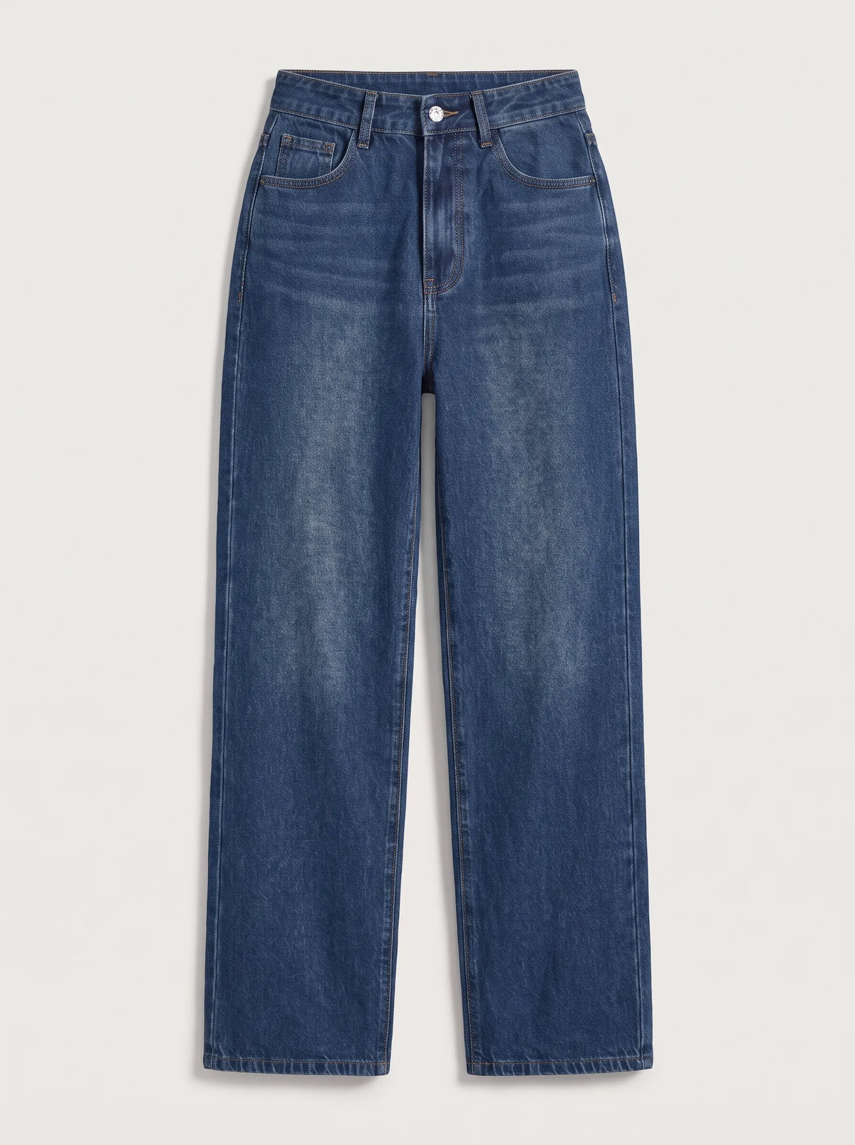 a pair of high-waisted, wide-leg denim jeans crafted from a medium-to-dark classic indigo blue wash with a subtle vertical fade down the legs and faint whiskering across the lap. The structured design features a classic five-pocket configuration, belt loops, contrast topstitching throughout, and a secure front closure with a single metallic top button and a central zip-fly.