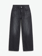 This pair of high-waisted, wide-leg jeans is crafted from a dark washed-black or washed-charcoal denim with subtle whiskering across the lap and gentle vertical fading down the legs.