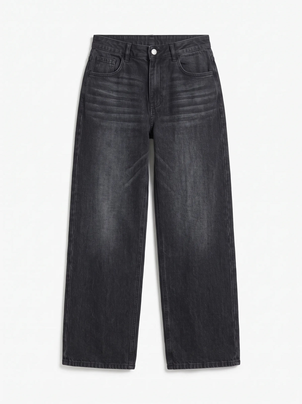 This pair of high-waisted, wide-leg jeans is crafted from a dark washed-black or washed-charcoal denim with subtle whiskering across the lap and gentle vertical fading down the legs.