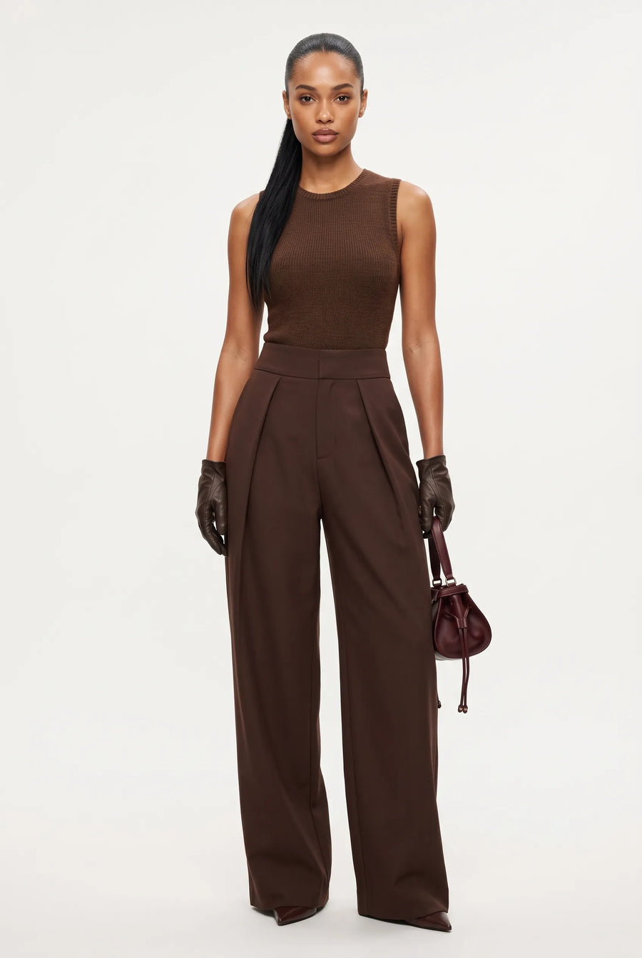 The Pleated Espresso Wide-Leg Trouser