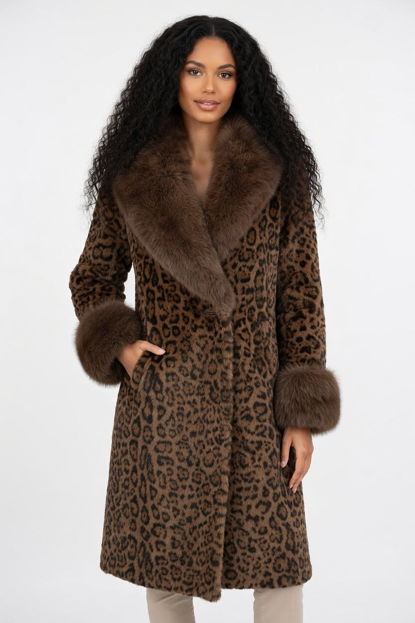Woman wearing a leopard print coat with fur trim on a white background