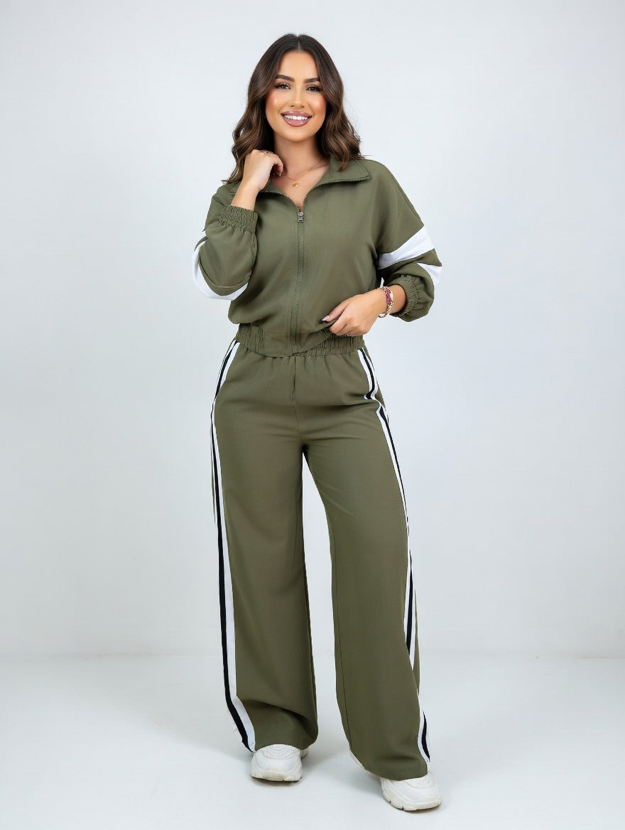 Street Stand-Up Collar Jacket and Straight Wide-Leg Trousers Two-Piece Set