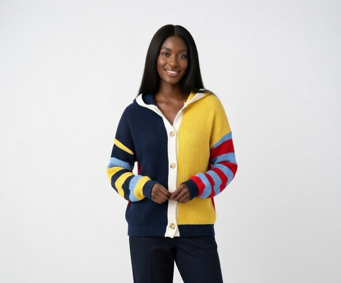 Woman wearing a colorful cardigan with a white background