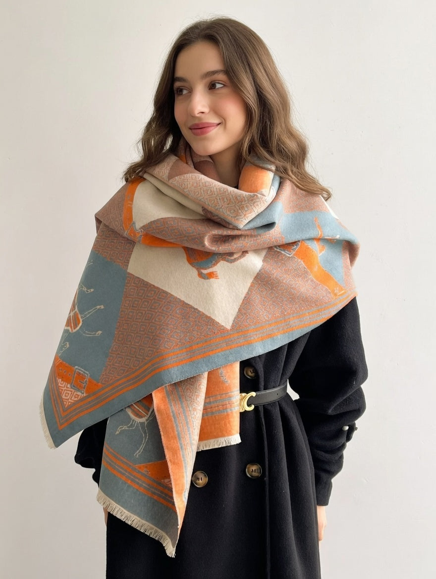 Woman wearing a patterned scarf on a plain background