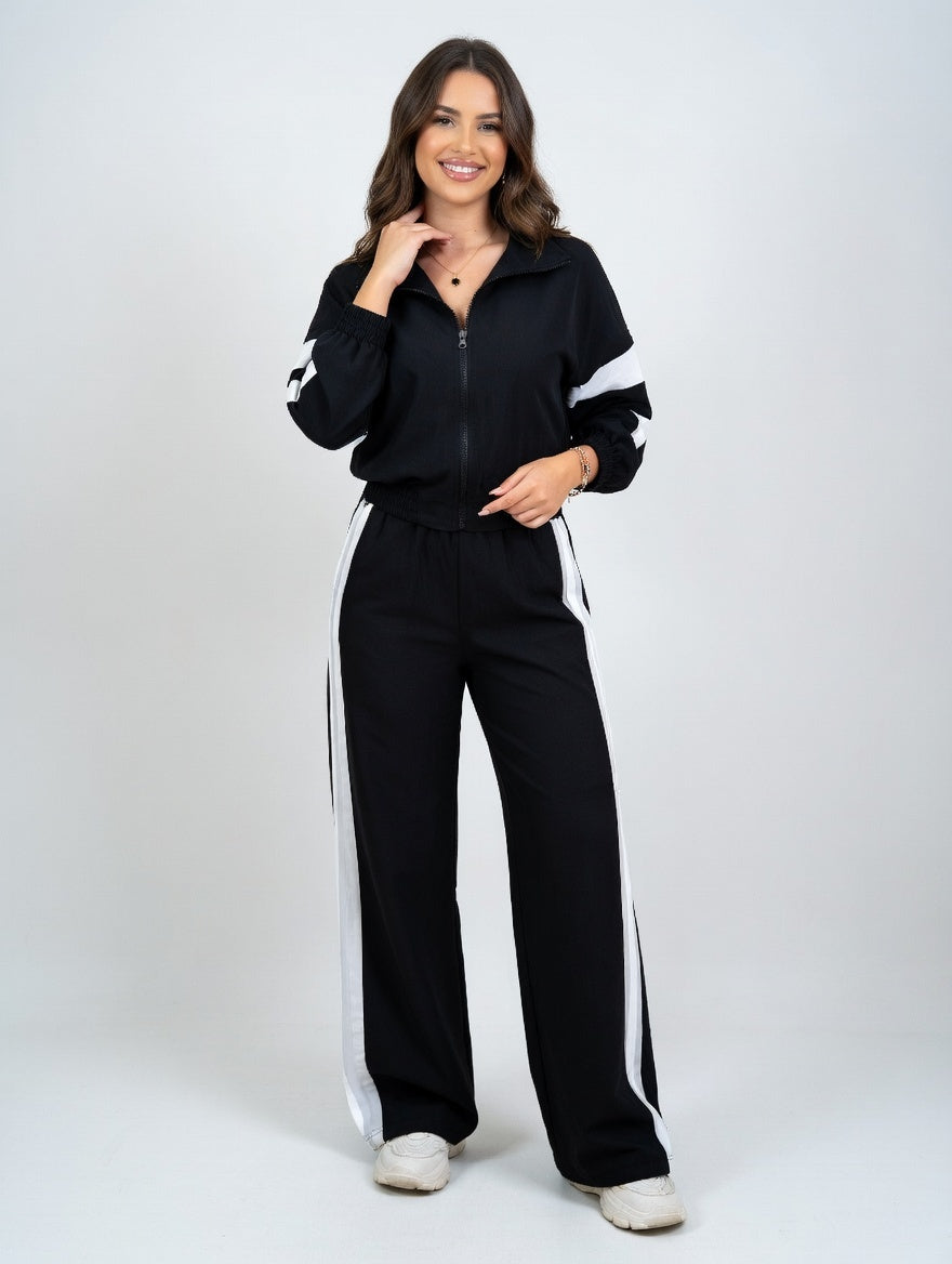 Street Stand-Up Collar Jacket and Straight Wide-Leg Trousers Two-Piece Set