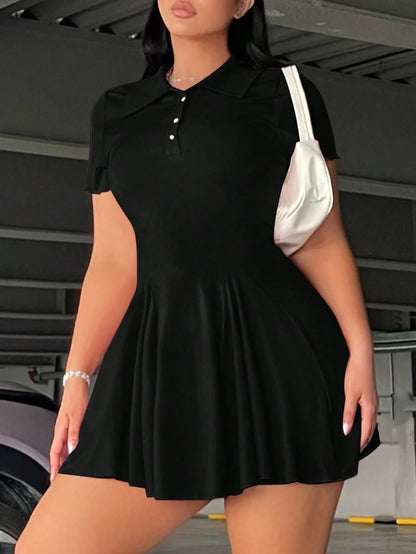 Front Button-Up Short Sleeve Collared Dress