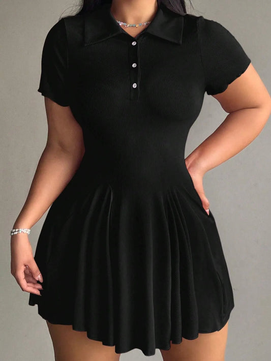 Front Button-Up Short Sleeve Collared Dress