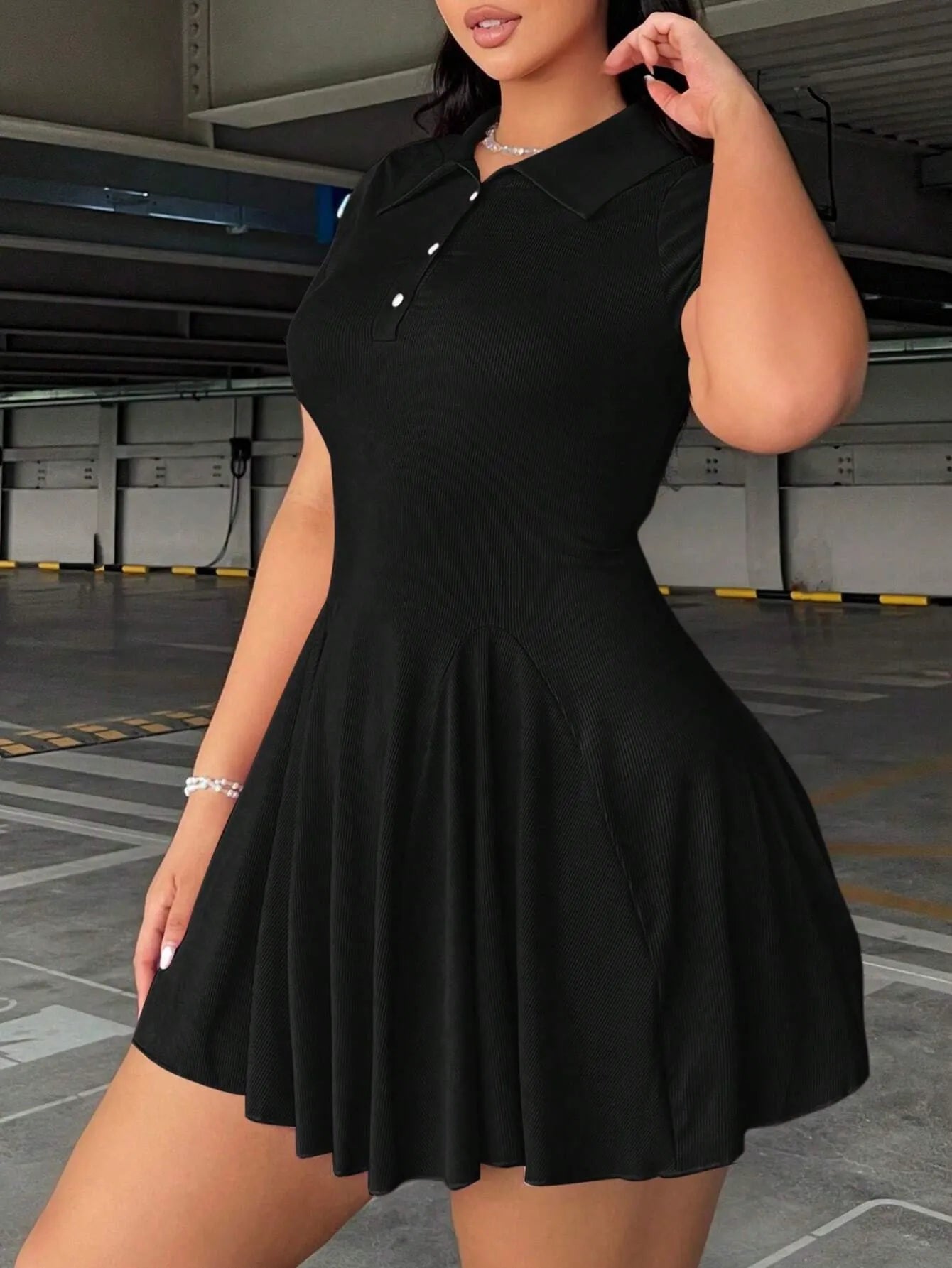 Front Button-Up Short Sleeve Collared Dress