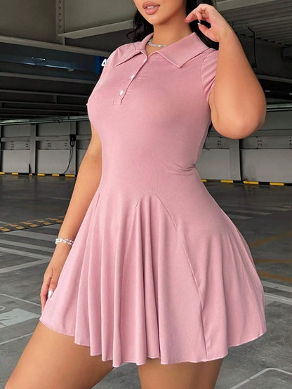 Front Button-Up Short Sleeve Collared Dress